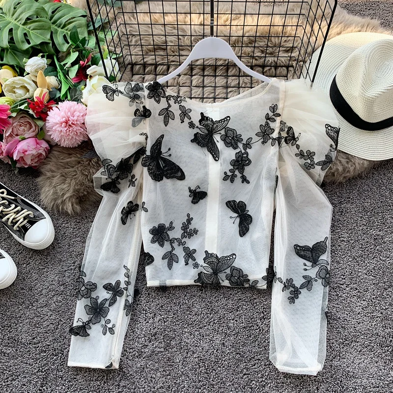 black flower blouse MUMUZI/белая блузка с круглым вырезом и кружевной отделкой и вышивкой, Женские топы и блузки с 3D бабочкой, облегающие топы на молнии сзади - Цвет: black flower blouse