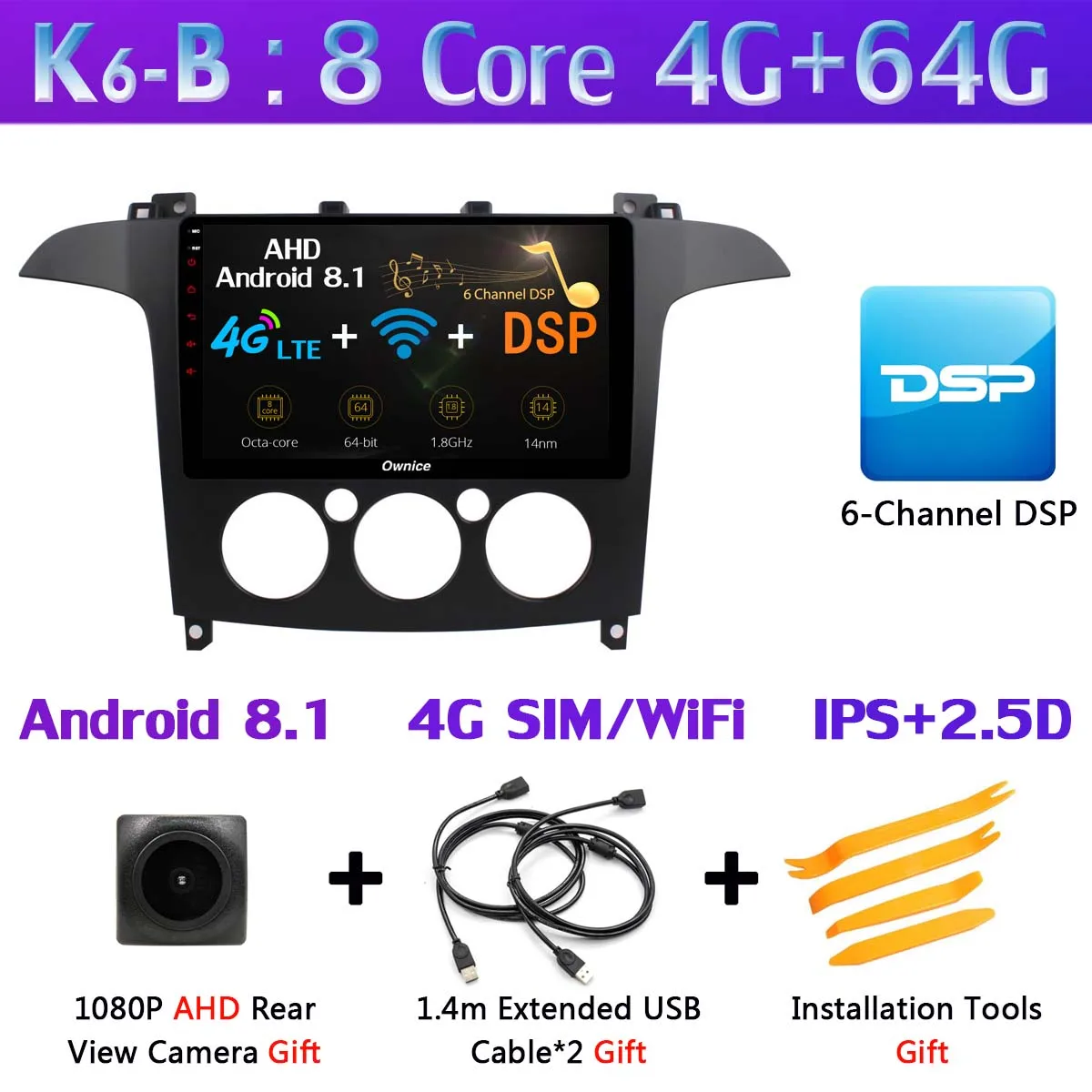 360 ° камера 4G SIM Android 9,0 4G+ 64G gps Navi Радио CarPlay SPDIF DSP Автомобильный плеер стерео для Ford S-Max S Max 2007-2008 AT/MT - Цвет: K6-B