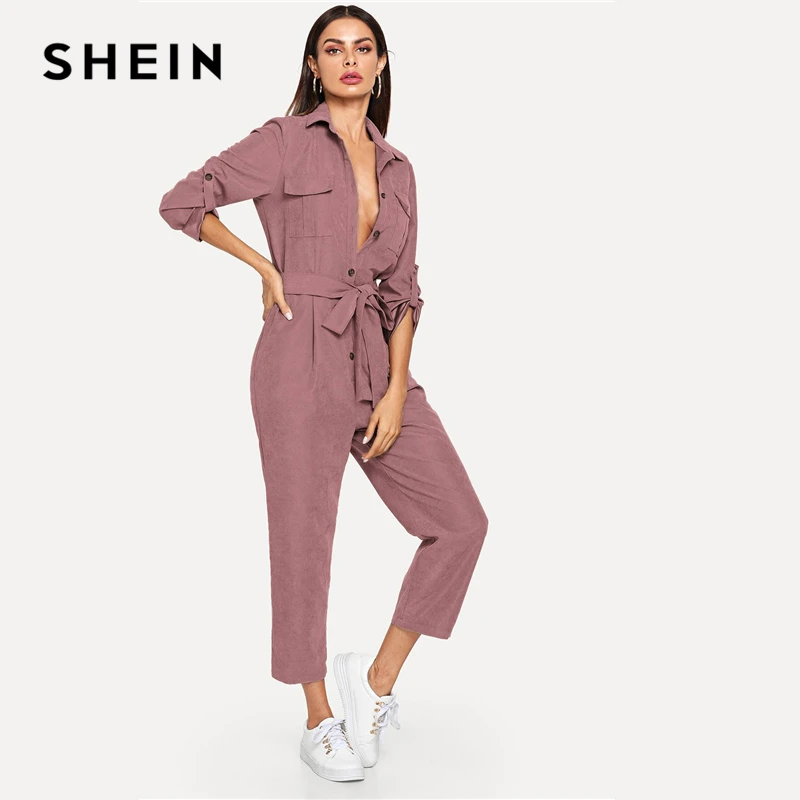 SHEIN Одноцветный Комбинезон С Оригинальным Рукавом И Поясом Повседневный Комбинезон С Длинным Рукавом