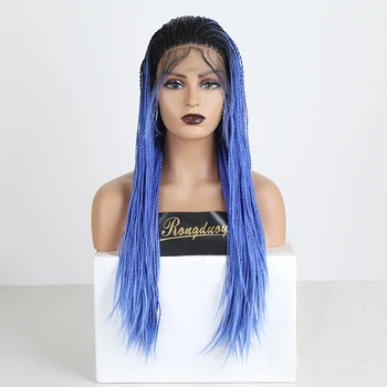 

RONGDUOYI Ombre Blue 2X Twist Braids Wigs for Women Long Two Tone Color Synthetic Lace Front Wig Heat Resistant Cosplay Wigs