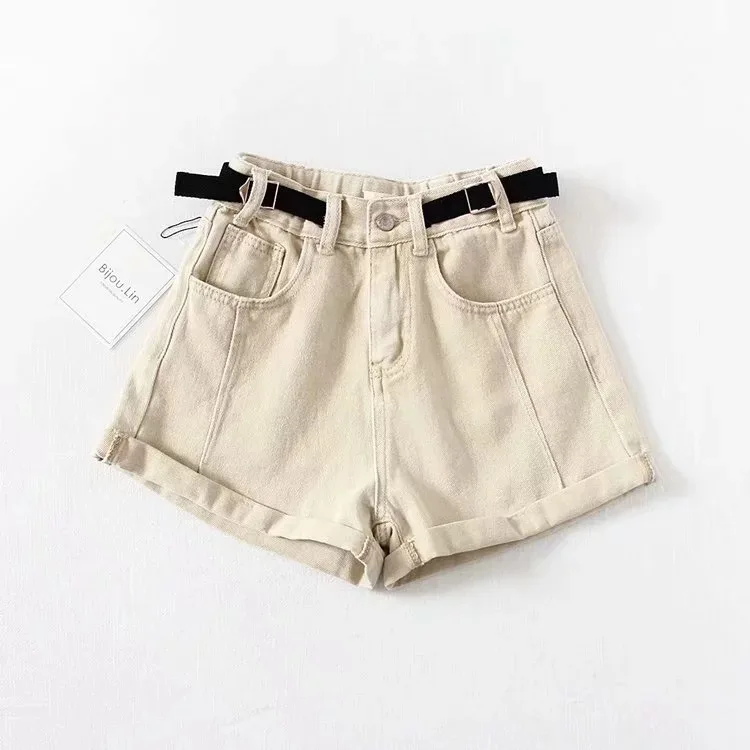 Europe And America INS Trend 5-Color Models Women's Elastic High-waisted Adjustable Belt Crimping Shorts Cowboy Shorts Female Su