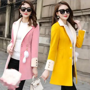 

Winter Slim Large Size Yellow Women Woolen Jacket 2020 New Casual Medium Long Solid Color Long Sleeve Women Woolen Jacket S-3XL