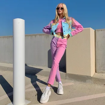 

NCLAGEN 2020 Colorblock Patchwork Women Casual Jeans Pants 90s Outfit Streetwear Long Sleeve Short Coat Outwear Two Pieces Set