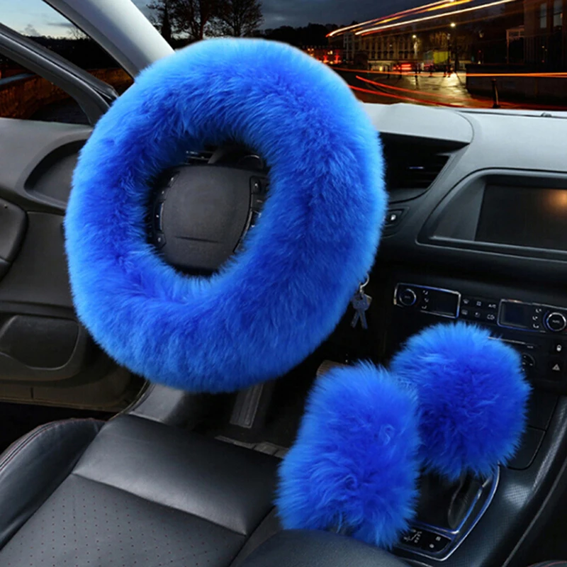 Sapphire blue Автомобильный высокие теплые плюшевые крышка рулевого колеса шерстяные ручной тормоз Универсальный 3 шт./компл. искусственный мех авто интерьер автомобиля крышки рулевого колеса - Название цвета: Sapphire blue
