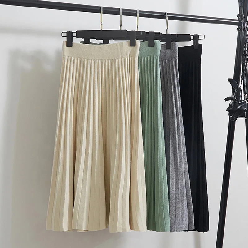 Женская осенне-зимняя однотонная плиссированная трикотажная юбка средней длины с эластичной талией, Повседневные Вечерние юбки в Корейском стиле черного и серого цвета