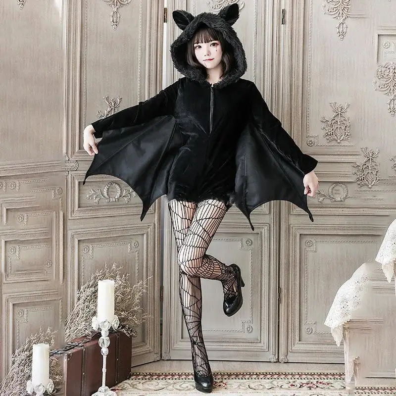 Черный костюм для косплея «летучая мышь»; маскарадный костюм для женщин; черный; злой ужас; с капюшоном; рукав «летучая мышь»; Косплей; костюмы на Хэллоуин; Cos - Color: set