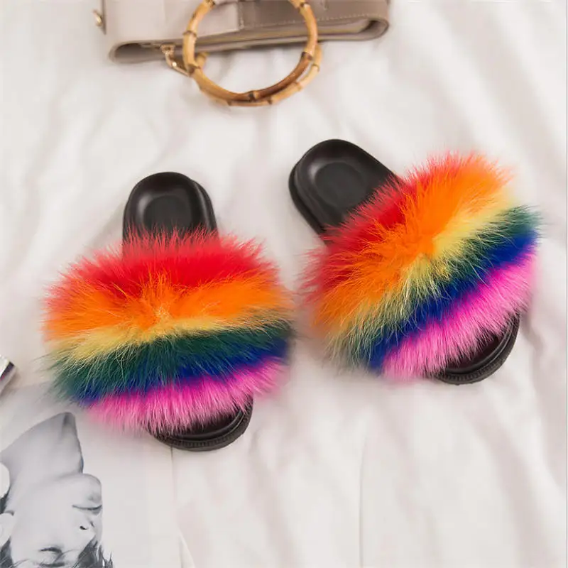 

Confetti Fox Fur Slippers Fluffy House Slides Fashion Flat Sole Women Slippers Mixed Color Big Fox Fur Flip Flops Soft Flat