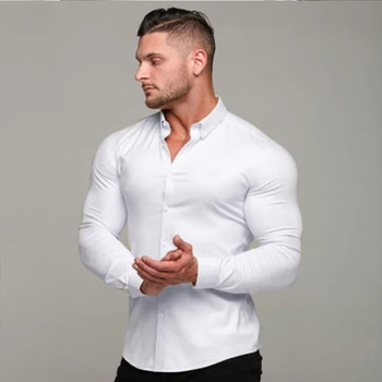 

Fitness long-sleeved standing shirt elastic thin thin solid color sports and leisure cardigan business no-iron shirt