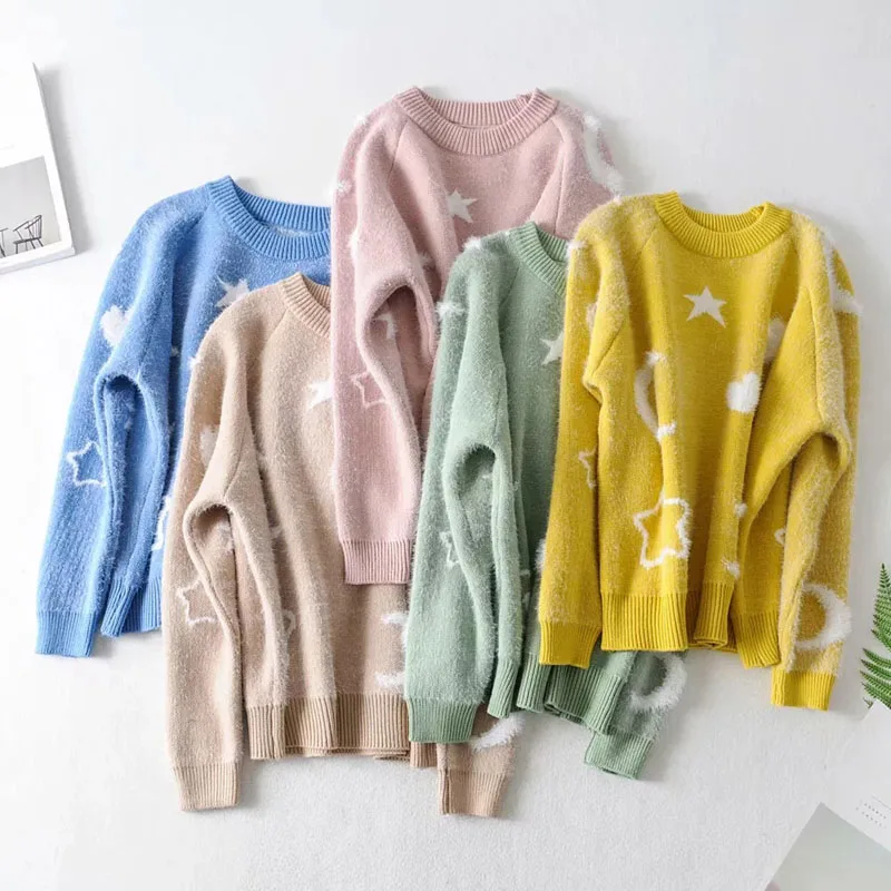 Women Clothes 2019 Autumn and Winter Round Neck Star Moon Pull Femme Pullover Sweater WZL1551 | Женская одежда