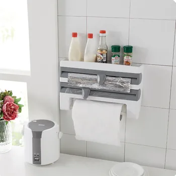 

Kitchen Wall-Mount Paper Towel Holder Sauce Bottle Storage Rack Plastic Film Cutter Mutifunction Kitchen Organizer Hanger #30