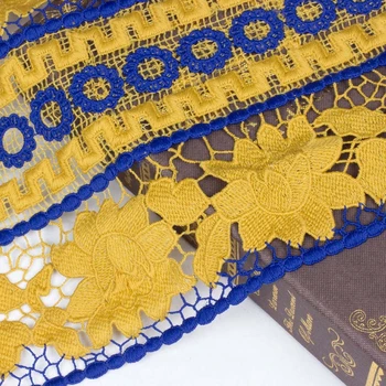

The yellow sunflower blue Circle hollow out patchwork lace fabric for dress bazin riche getzner tissu telas tissus african tela