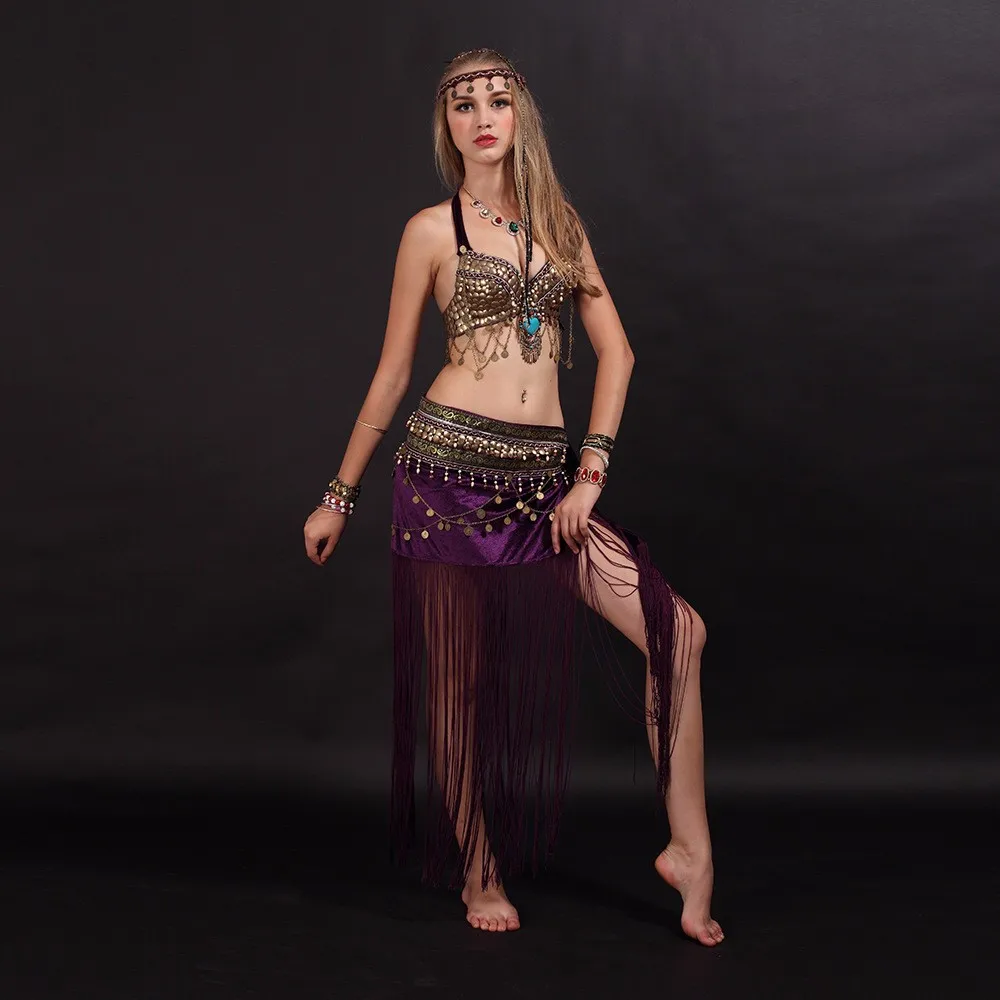 Костюмы ATS, одежда для танца живота для женщин, комплект из 2 предметов, бюстгальтер с бусинами юбка с поясом, цыганские танцевальные костюмы - Цвет: purple