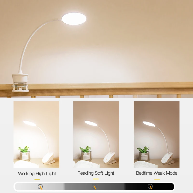 LE Lámpara Escritorio LED Flexo de Pinza Luz de Lectura de mesa Recargable 2 Modos 4 LED Blanco Frío Cable USB incluido 