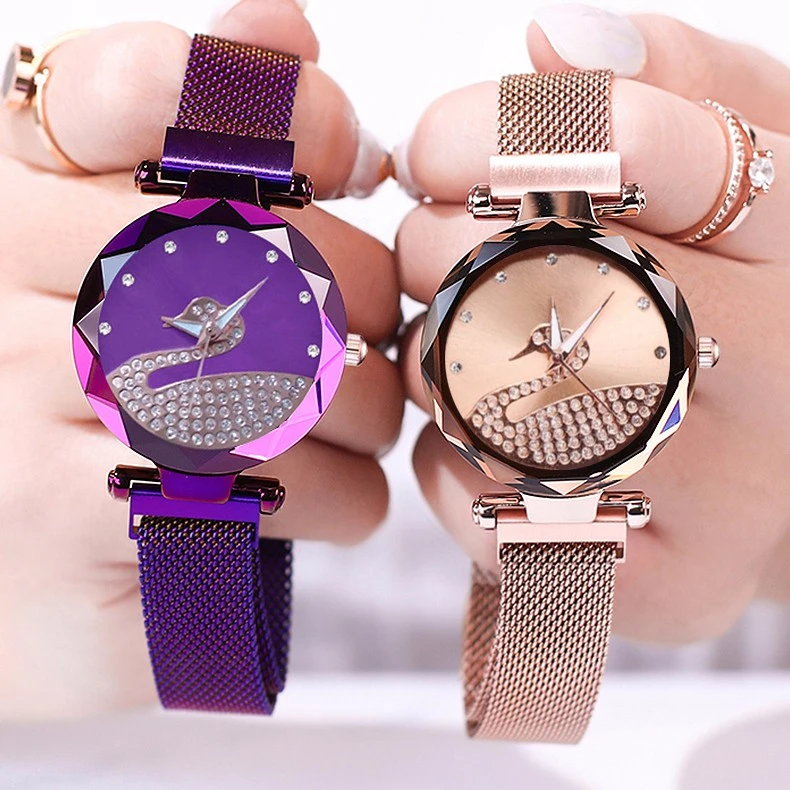 

Hot Sale Women Magnet Buckle Swan Watch Luxury Ladies Stainless Steel Quartz Watch Clock Relogio Feminino Dropshipping