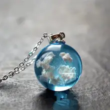 Super Cool Creative Handmade Blue Sky White Cloud Transparent Glass Ball Pendant Necklace Silver Chain Resin Necklace Women