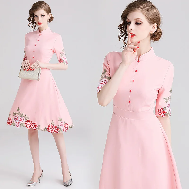 

2019 Spring Summer New Products WOMEN'S Dress Dress Elegant Short Sleeve Embroidered Stand Collar Mid-length A- line Skirt