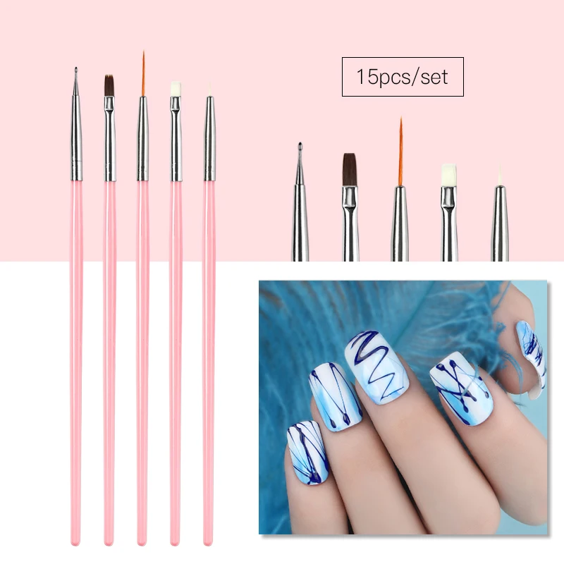 15PCS/Set Brush Nail Art Cleaning UV Accessories Liner Acrylic Builder Flat Crystal Painting Drawing | Красота и здоровье