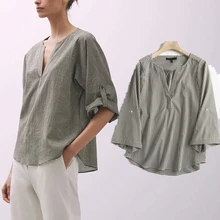

Jenny&Dave Moda Shirt Women Casual Blouse Women England Style Fashion Plaid V-neck Loose Roll Up Sleeve Blusas Mujer De Tops