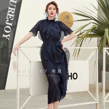 

Large Size Chiffon Summer High End Women's Dress 2020 Fashion Sweet Stand Collar Maxi Dress Womens Elegant Ruffle Bandage Dress