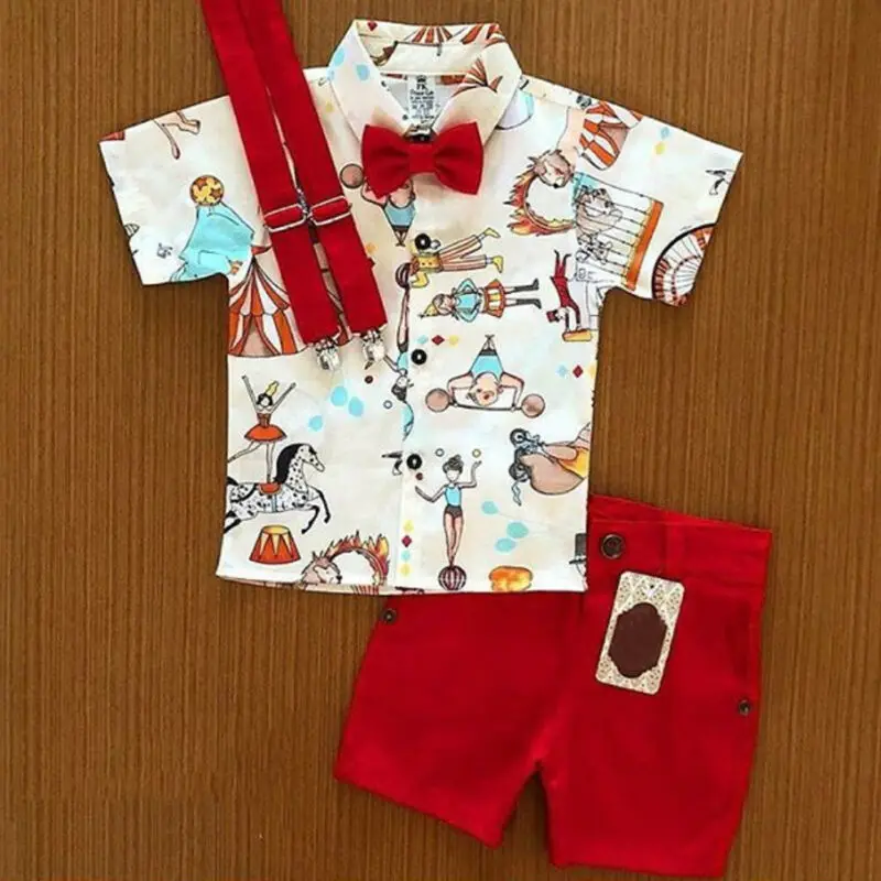 

2019 New Gentleman Xmas 2Pcs Infant Baby Boy Red Clothes Cartoon Short Sleeve Tops Shorts Christmas Outfit Set