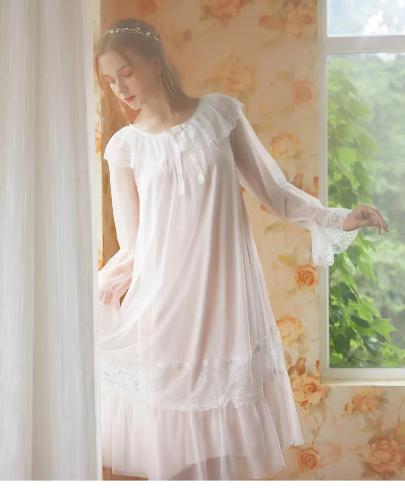 Сексуальная одежда для сна в викторианском стиле Ночное Платье Винтажный пеньюар с длинными рукавами ночная рубашка розовая Хлопковая пижама женская ночная рубашка