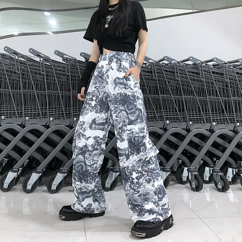

Focal20 Streetwear Pocket Women Pants Color Block Loose Summer Women Pants 3D Animals Print Straight Wide Leg Lady Pants