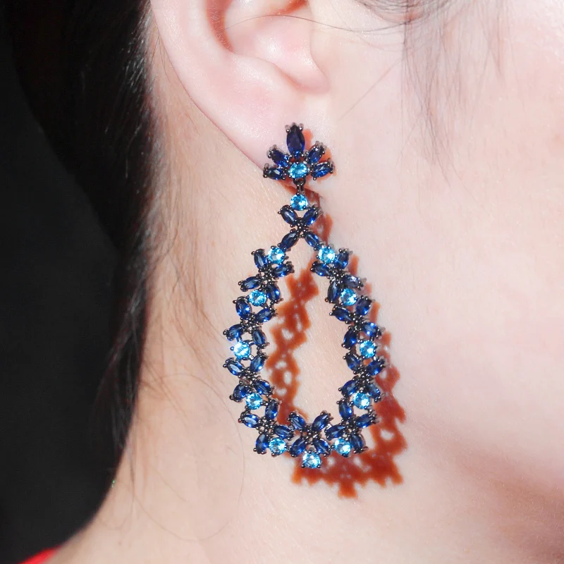 CWWZircons Drop Dangle Cluster Flower Leaf Dark Blue Cubic Zircon Crystal Long Party Earrings for Women Designer Jewelry CZ733