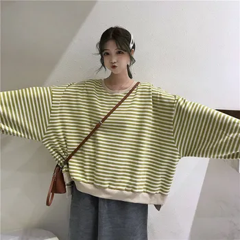 

Kawaii Striped Hoodies Women O-Neck Loose Retro Chic Korean Style Harajuku Soft Trendy Sweatshirts Womens Cool Hoodie Streetwear