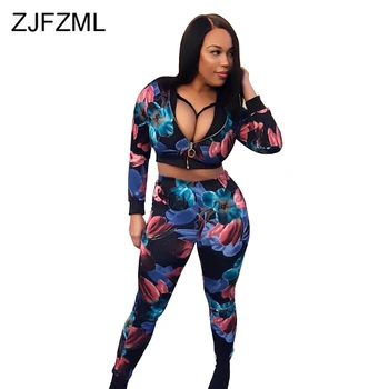 

Floral Print Sexy Two Piece Set Sweatsuits Women Long Sleeve Zipper Front Crop Tops and High Waist Skinny Trousers Club Outfits