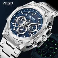 MEGIR الأزرق ساعة الرجال الفولاذ المقاوم للصدأ فستان ساعة معصم رجل مقاوم للماء كرونوغراف ساعات كوارتز Relogio Masculino ساعات رجالية