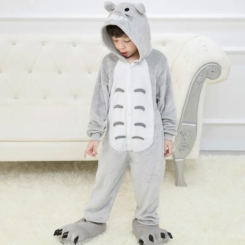 Totoro Зимняя Пижама Кигуруми для мальчиков и девочек, комбинезон с единорогом, мультяшным животным, детская одежда для сна, фланелевый комбинезон, детская пижама с капюшоном - Цвет: Totoro