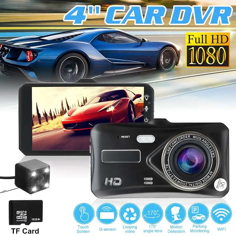 A6T 4 дюйма Двойной объектив Камера HD 1080P 170 градусов Видеорегистраторы для автомобилей Видео тире камера Регистраторы WI-FI 32G-Сенсор автомобиля Камера Регистраторы