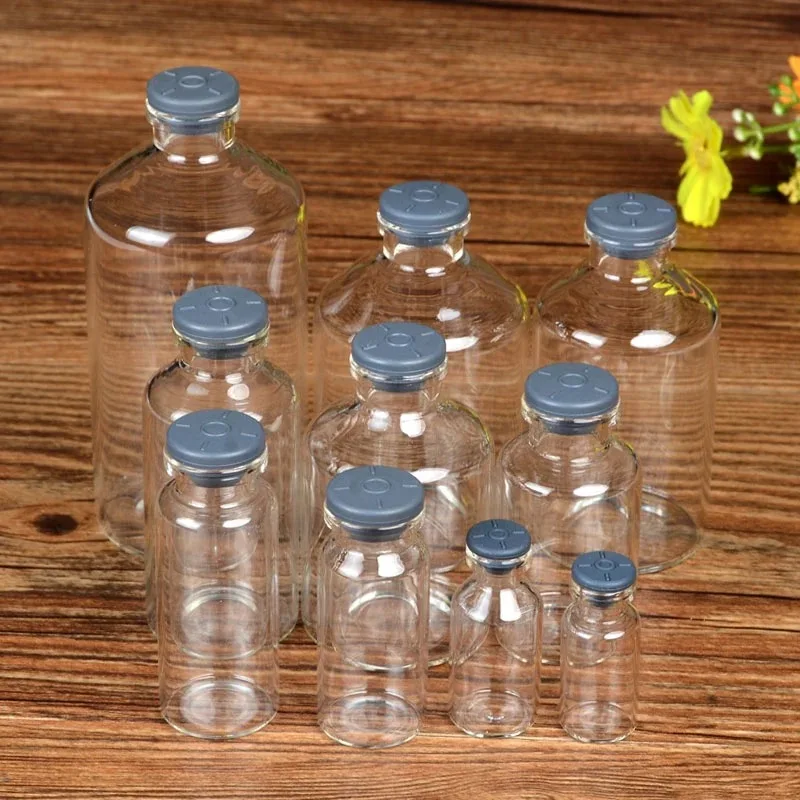 Empty Sample Bottle, Clear Glass Bottle, Gray Rubber Stopper, Vial For