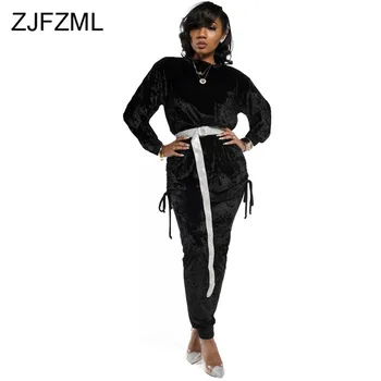 

Autumn Winter Solid Velvet Two Piece Set Women Clothes O-Neck Full Sleeve Drawstring Top and Long Pants Plus Size Causal Set