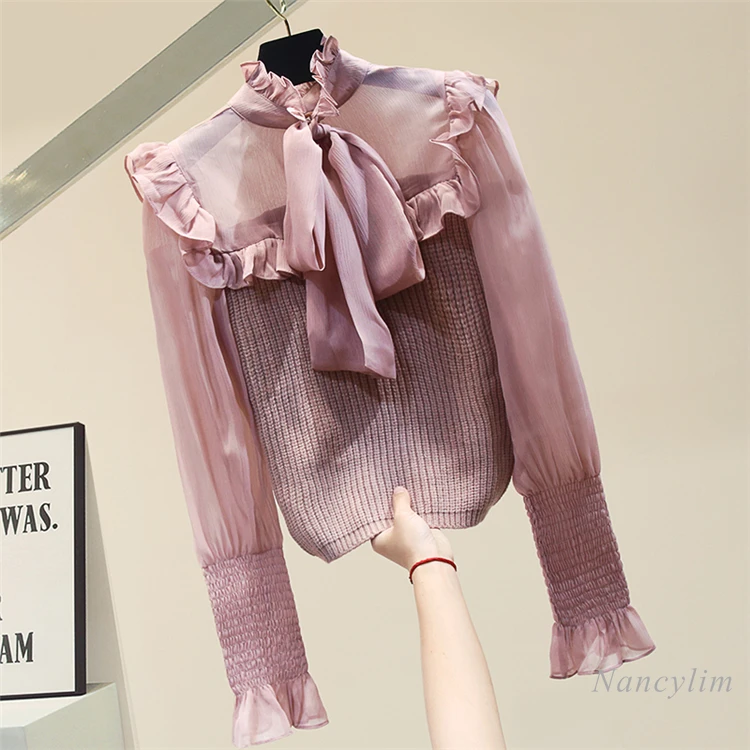 

Chiffon Knit Shirt for Women New Sexy Crop Top Bow Stand Collar Long Sleeve Ruffles Blusas Nancylim 2021 Spring Autumn