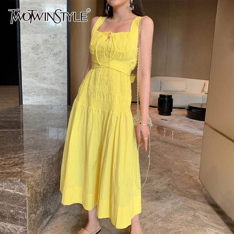 TWOTWINSTYLE Casual Backless Dress For Women Square Collar Sleeveless High Waist Lace Up Bowknot Slim Dresses Female 2020 New TWOTWINSTYLE Casual Backless Dress For Women Square Collar Sleeveless High Waist Lace Up Bowknot Slim Dresses Female 2020 New