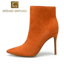 KATELVADI/женские ботильоны с острым носком; оранжевые ботинки из флока; ботинки на высоком каблуке 10 см; модная женская обувь; K-480