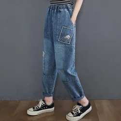 2022new 2021 feminino tamanho do verão meados cintura tornozelo comprimento calças lavadas vintage denim retalhos bolsos calças de brim harlem