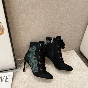 

Bling Embroider Booties Heels Sexy Flock Pointed Toe Thin High Heel Lace Up Zapatos De Mujer Designer Brand Luxury Women Shoes