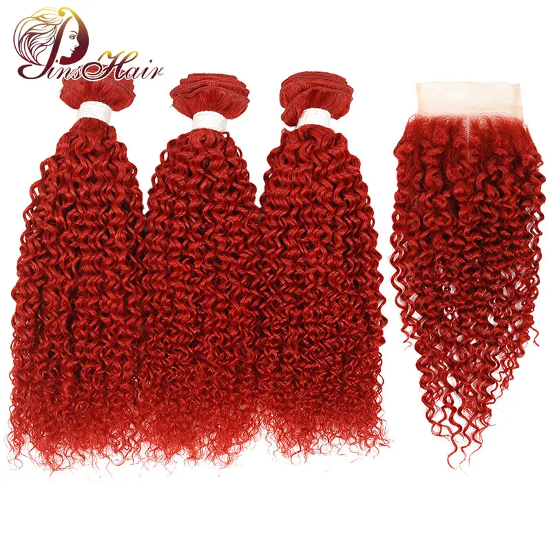 

Burgundy Kinky Curly Peruvian Human Hair Bundles With Closure Pinshair Red Colored Bundles With Closure Non-remy Hair Extension