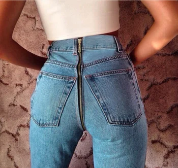

Womens Denim Zip Open Back Distressed High Waist Skinny Jeans Trousers Pants