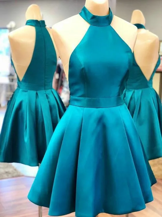 

Vintage Short Satin High Neck Homecoming Dresses with Pockets Zipper Back Knee Length Peacock Blue Robes de Soirée for Women
