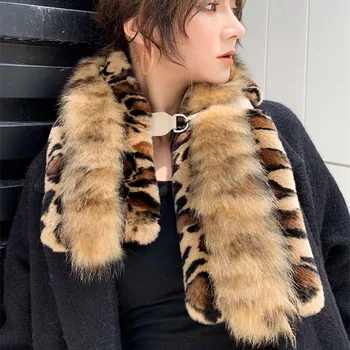 

Winter Women Student Leopard Print Fox Rex Rabbit Hair Fur Scarves Thickening Keep Warm Imitating Cross Scarf Collar