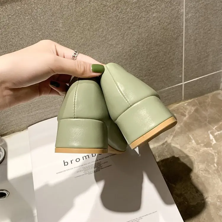 

2019 New Style Autumn And Winter Side Scoop Bootie Square Head Square Buckle Chunky-Heel Shoes High Heels Semi-high Heeled Green