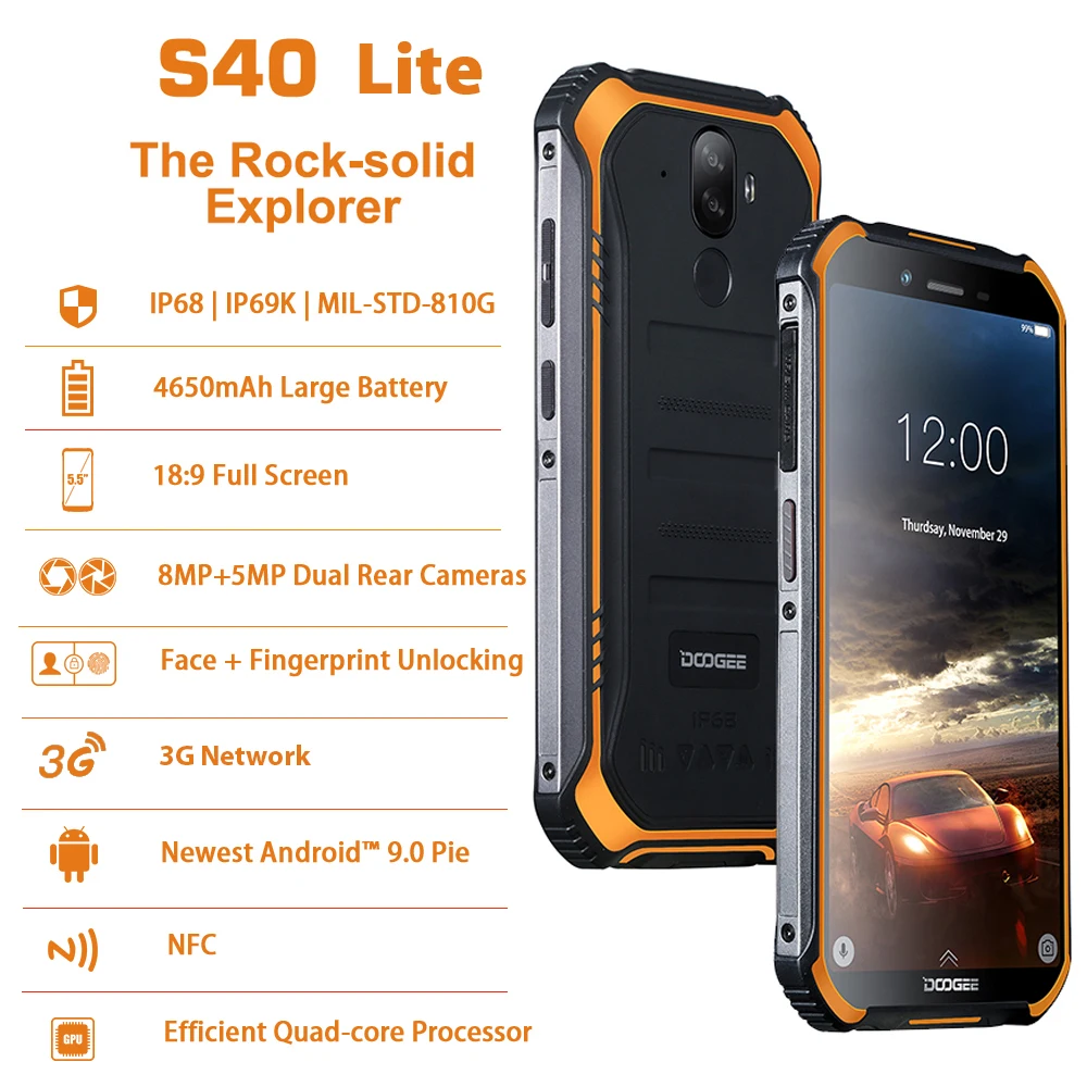 IP68 DOOGEE S40 Lite 2 ГБ 16 ГБ Android 9,0 прочный мобильный телефон NFC 4650 мАч четырехъядерный 5,5 дюймовый дисплей 8,0 МП отпечаток пальца