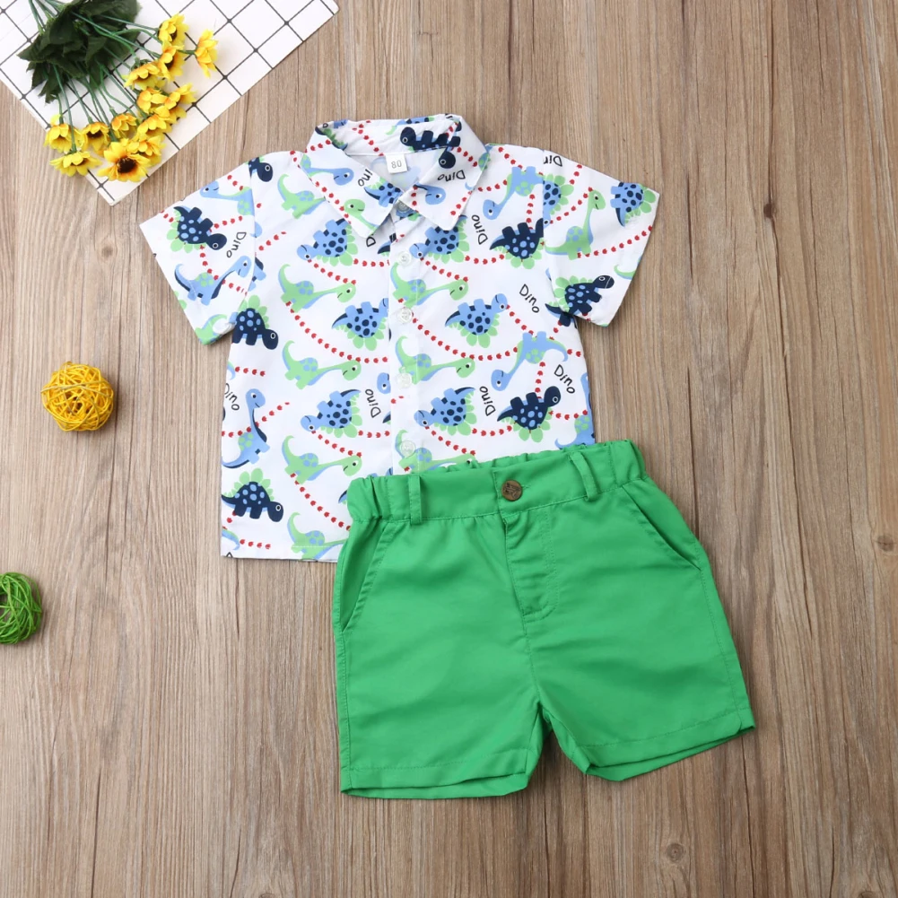 Одежда для маленьких мальчиков из 2 предметов г. Рубашка с короткими рукавами и принтом динозавра топ+ штаны, шорты пляжная одежда, летняя одежда