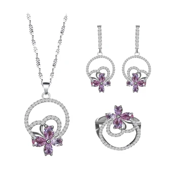 

Ayowei big sale pink cubic zircon silver color jewelry ring earring necklace set women anniversary/wedding/party JS837