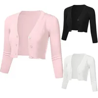 3/4 Sleeve Cropped Short Cardigans Sweater Women Solid Casual Button Down Long Sleeve Coat Autumn Knit Tops Pull Femme #Z 1