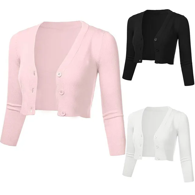 3/4 Sleeve Cropped Short Cardigans Sweater Women Solid Casual Button Down Long Sleeve Coat Autumn Knit Tops Pull Femme #Z 1