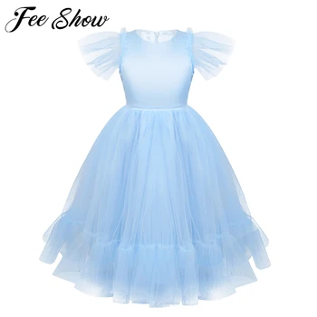 

Kids Girls Ruffled Mesh Flutter Sleeves Flower Girl Dress Princess Pageant Wedding Birthday Party Dress Toddler girl dresses